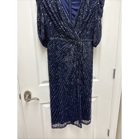 Mac Duggal Size 14 Navy Blue 5578 Sequined Short Sleeve Cocktail Evening Dress - Picture 6 of 11